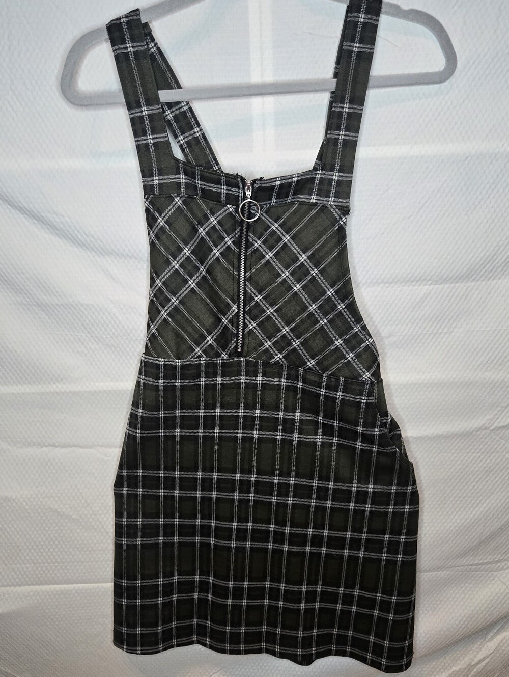 Plaid Zip-Front Pinafore Dress in Dark Green